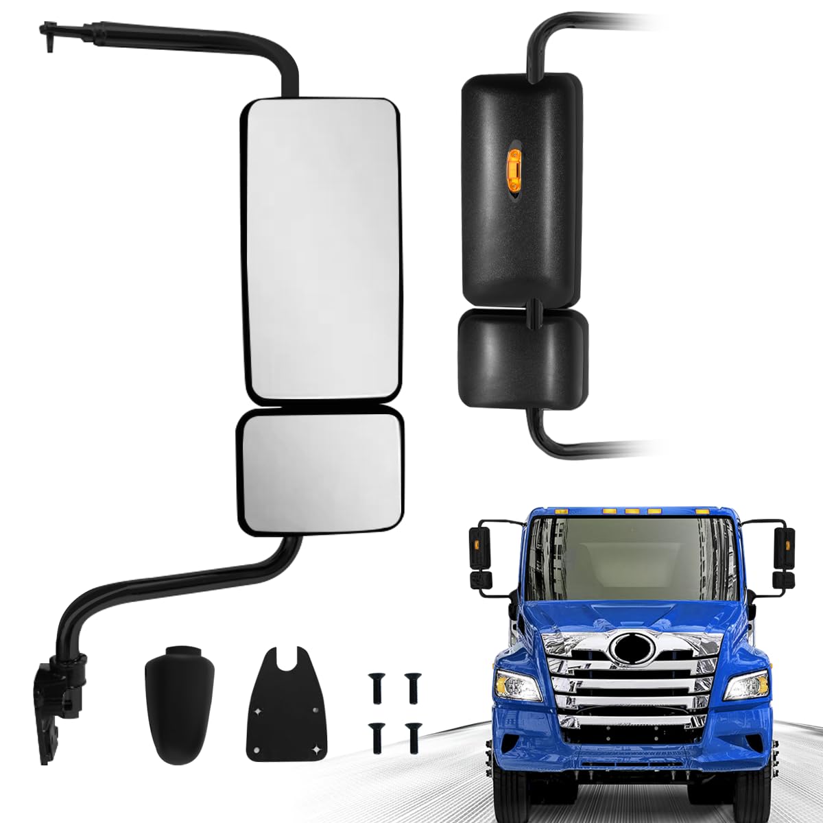 HPDMAUTO black door mirror with signal light for right passenger side on a Hino truck.