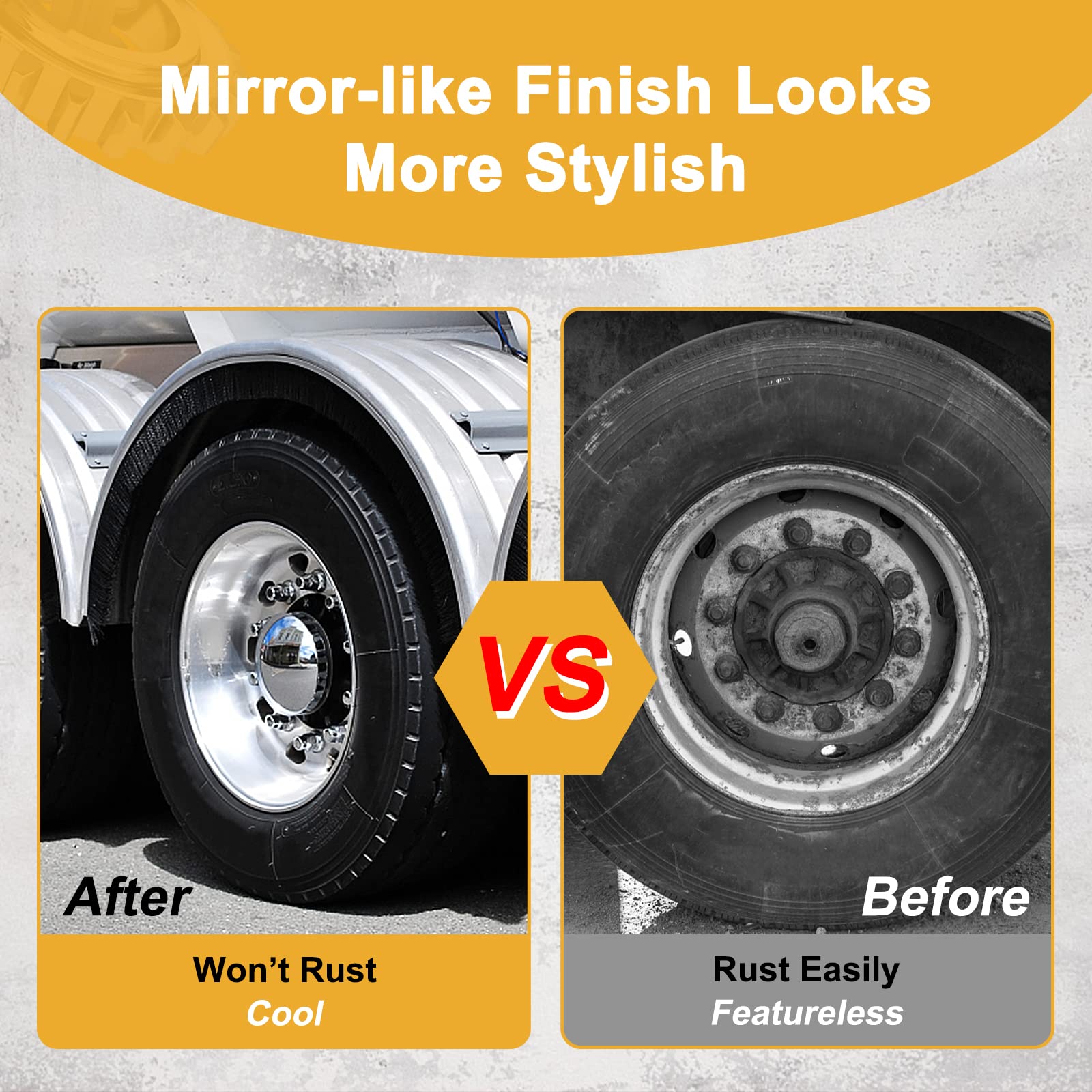 HQALTY mirror-finish axle covers give wheels a sleek, polished look