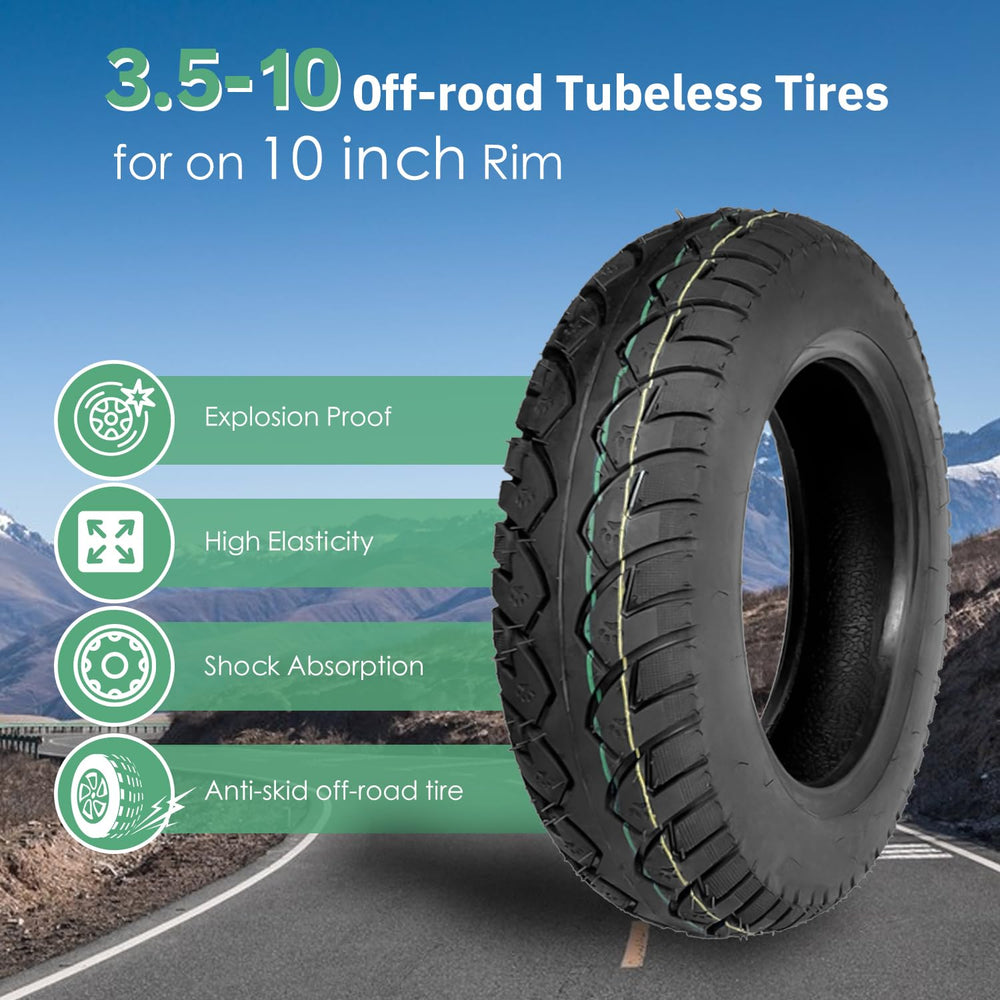 Hromra 3.50-10 tubeless tire rear view with enhanced shock absorption.