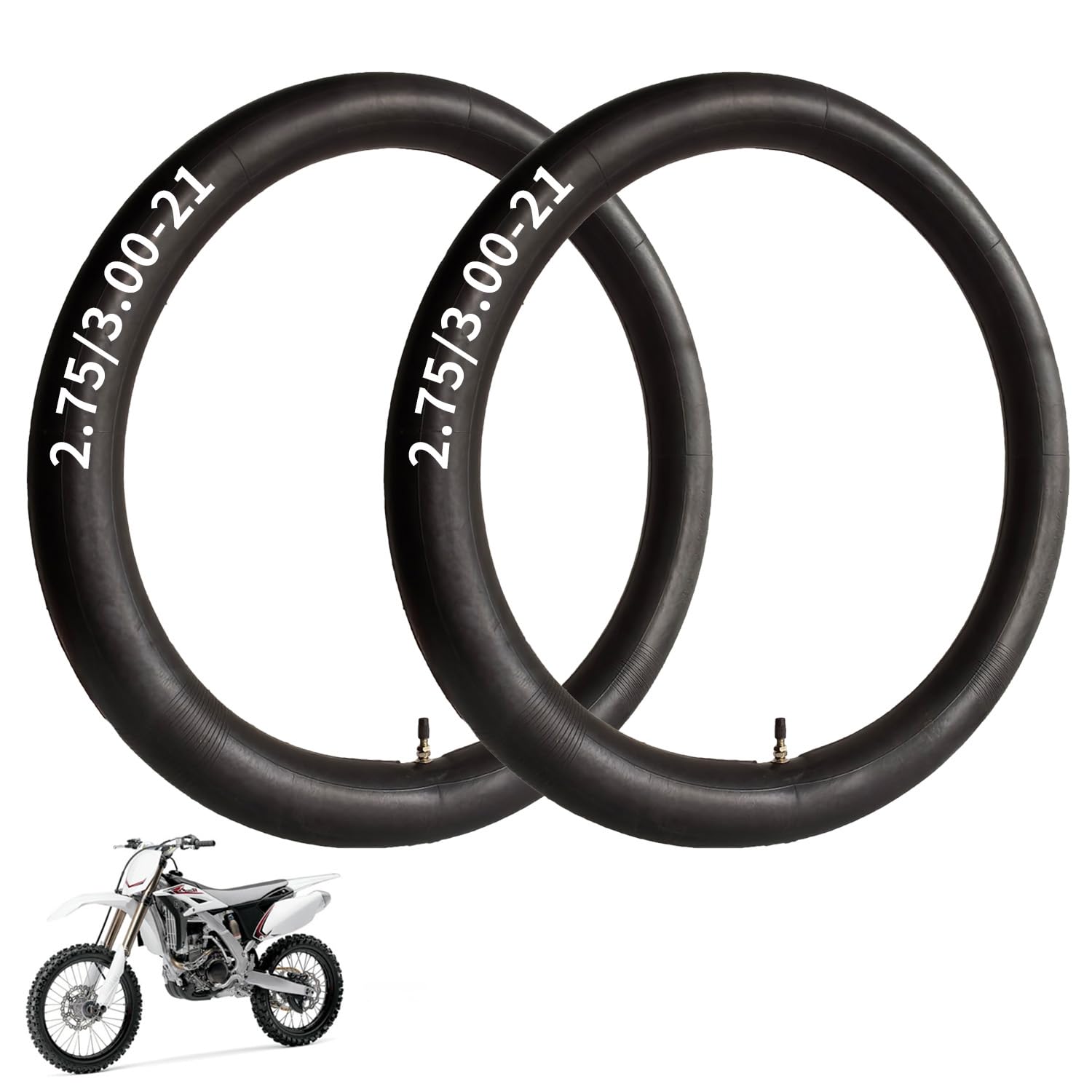 Hromra 21-inch inner tube pack-shot shows compatibility for 21-inch dirt bike tires and easy replacement.