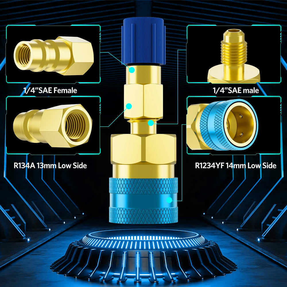 Brass construction and ball-lock seal minimize leaks during automotive AC servicing.