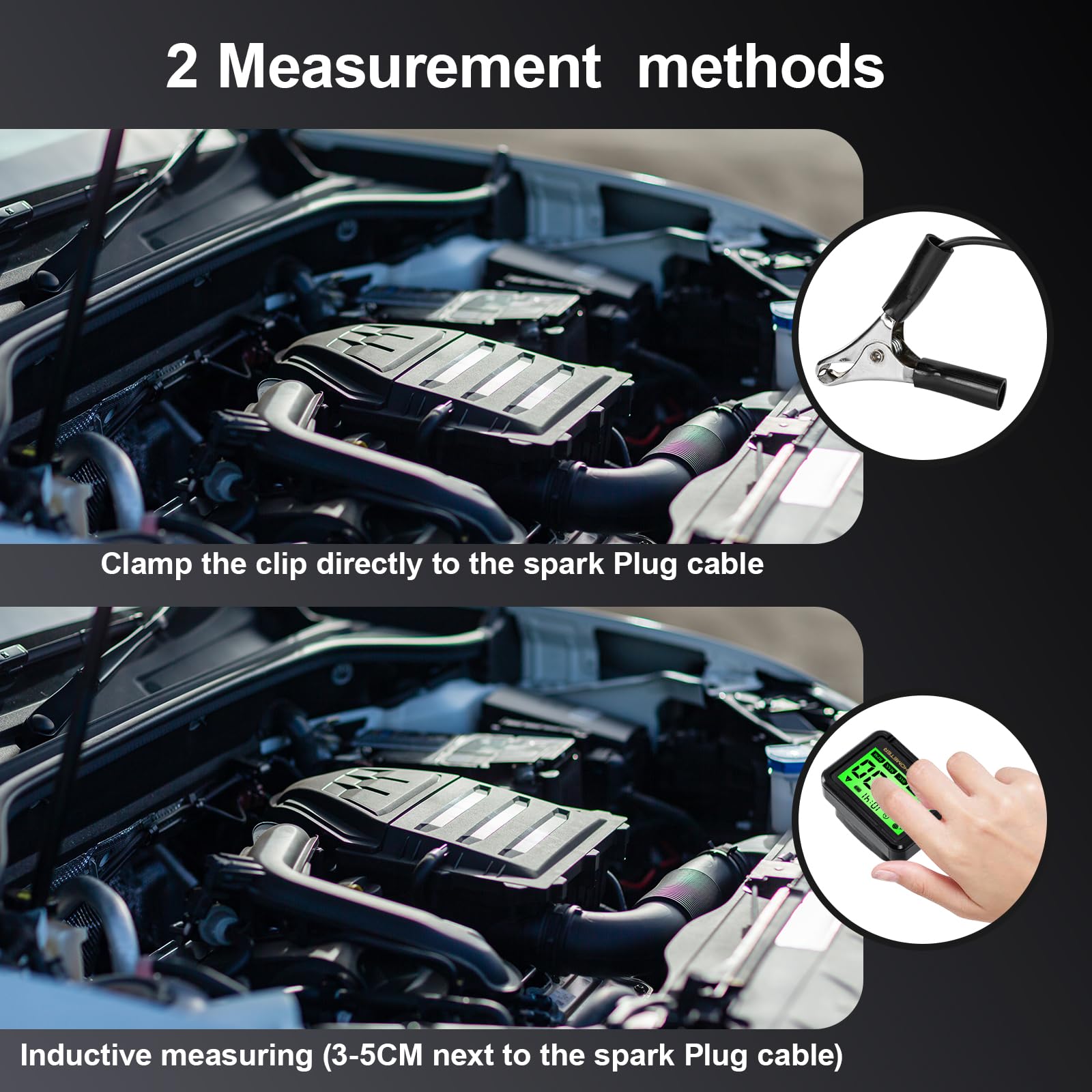 HTPREC tachometer with spark plug clamp for easy signal pickup