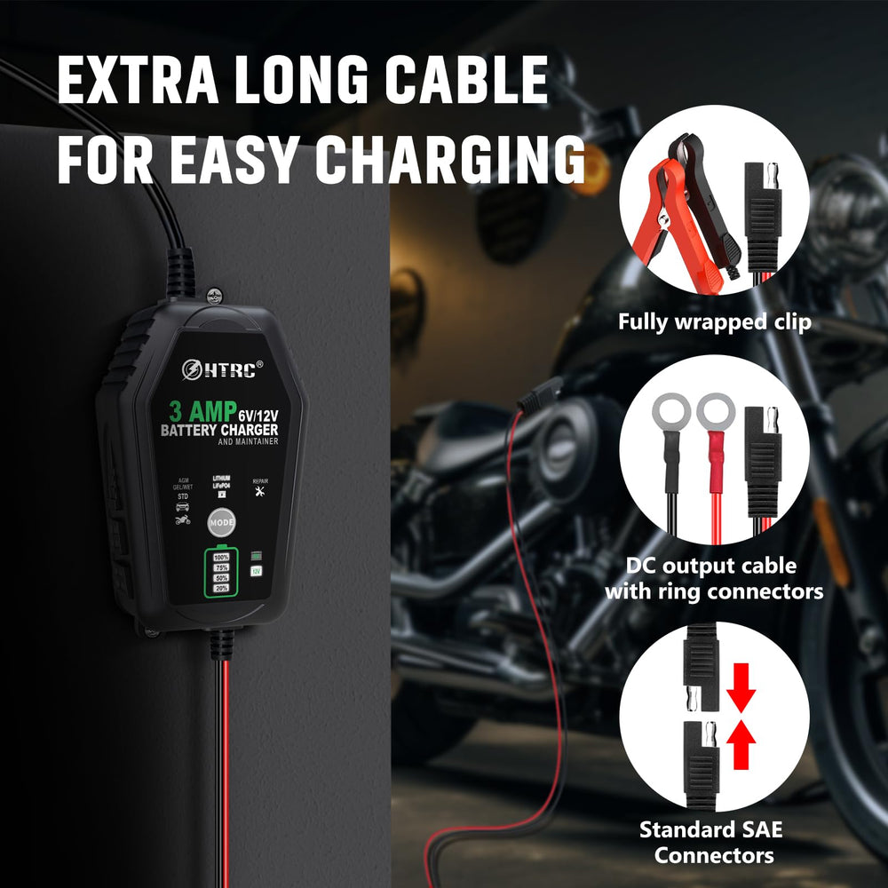 HTRC 3-Amp Charger includes 6.6 ft cable for flexible connections