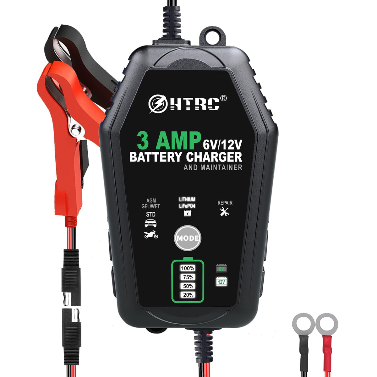 HTRC 3-Amp Charger front view with clear LCD status display for easy monitoring