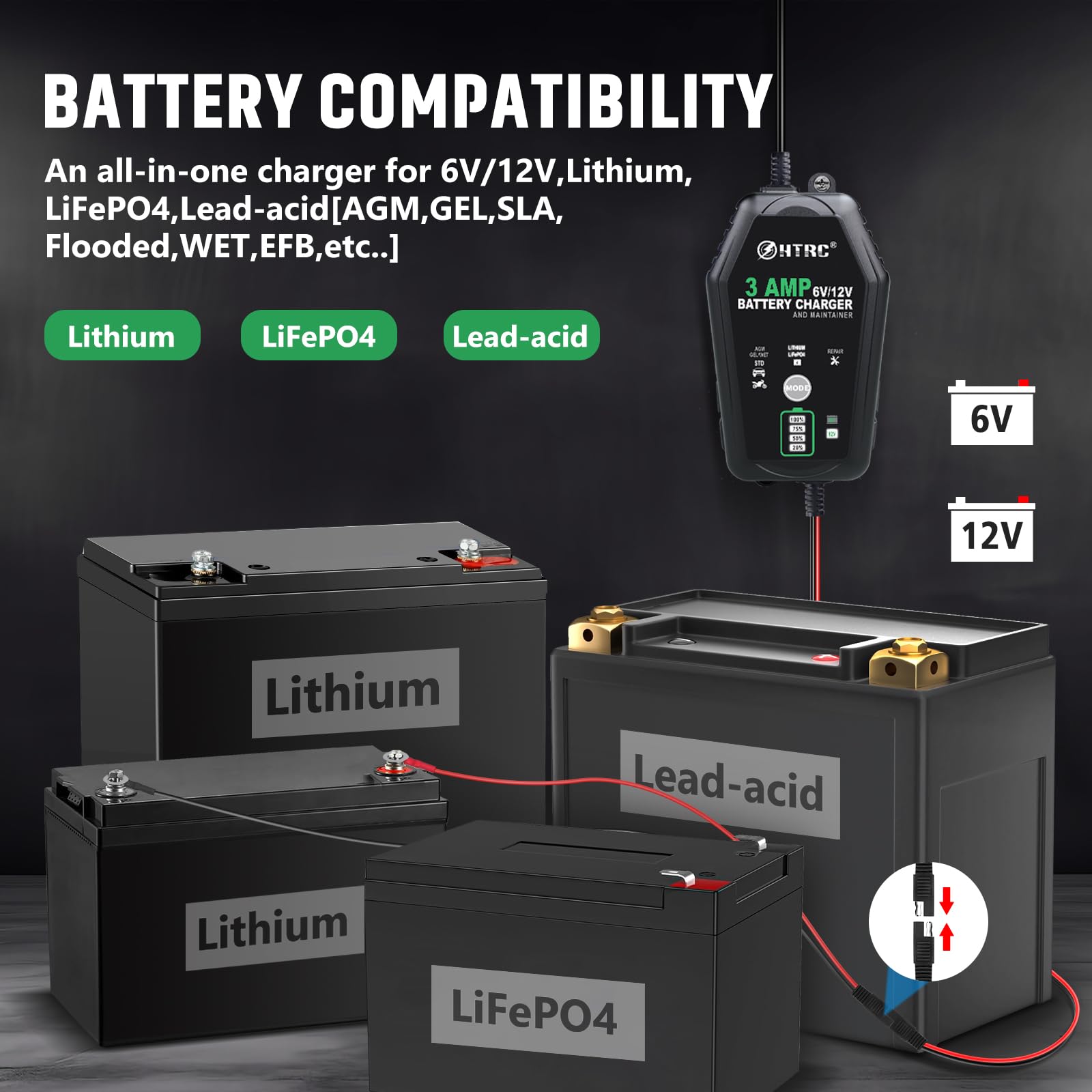 HTRC 3-Amp Charger plug-and-play setup for 6V and 12V use