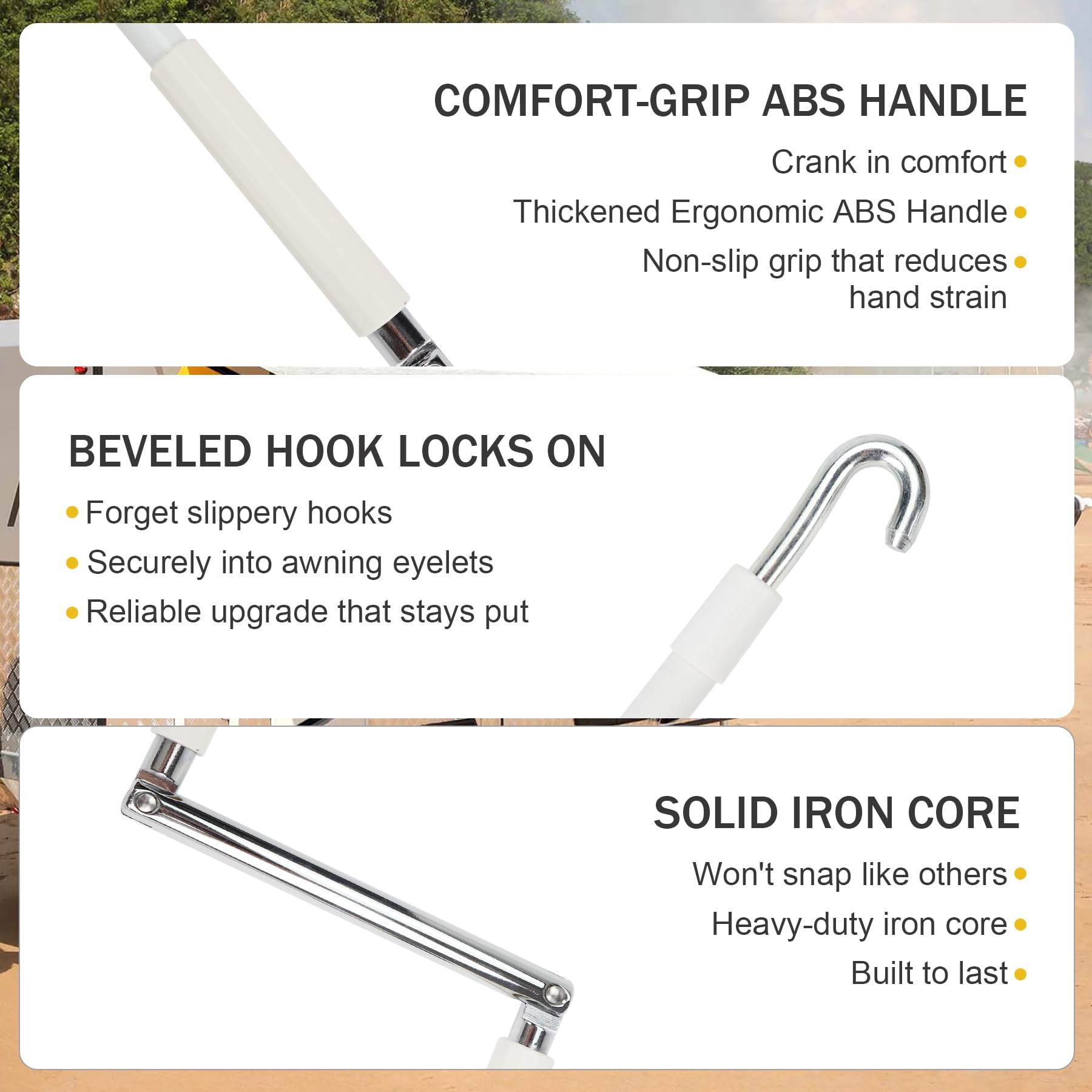 HUAALIUCHE beveled-hook crank secures into eyelets for slip-free operation.