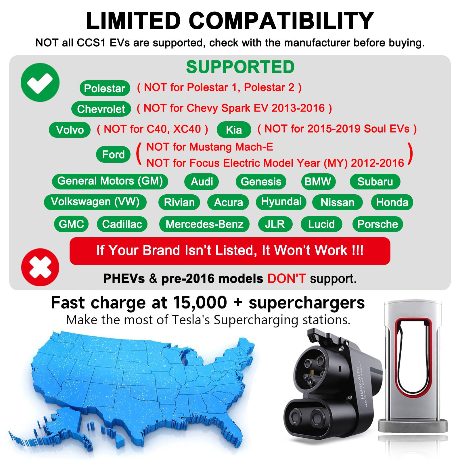 HUACAITU Tesla NACS to CCS adapter DC rating label close-up shows high power potential