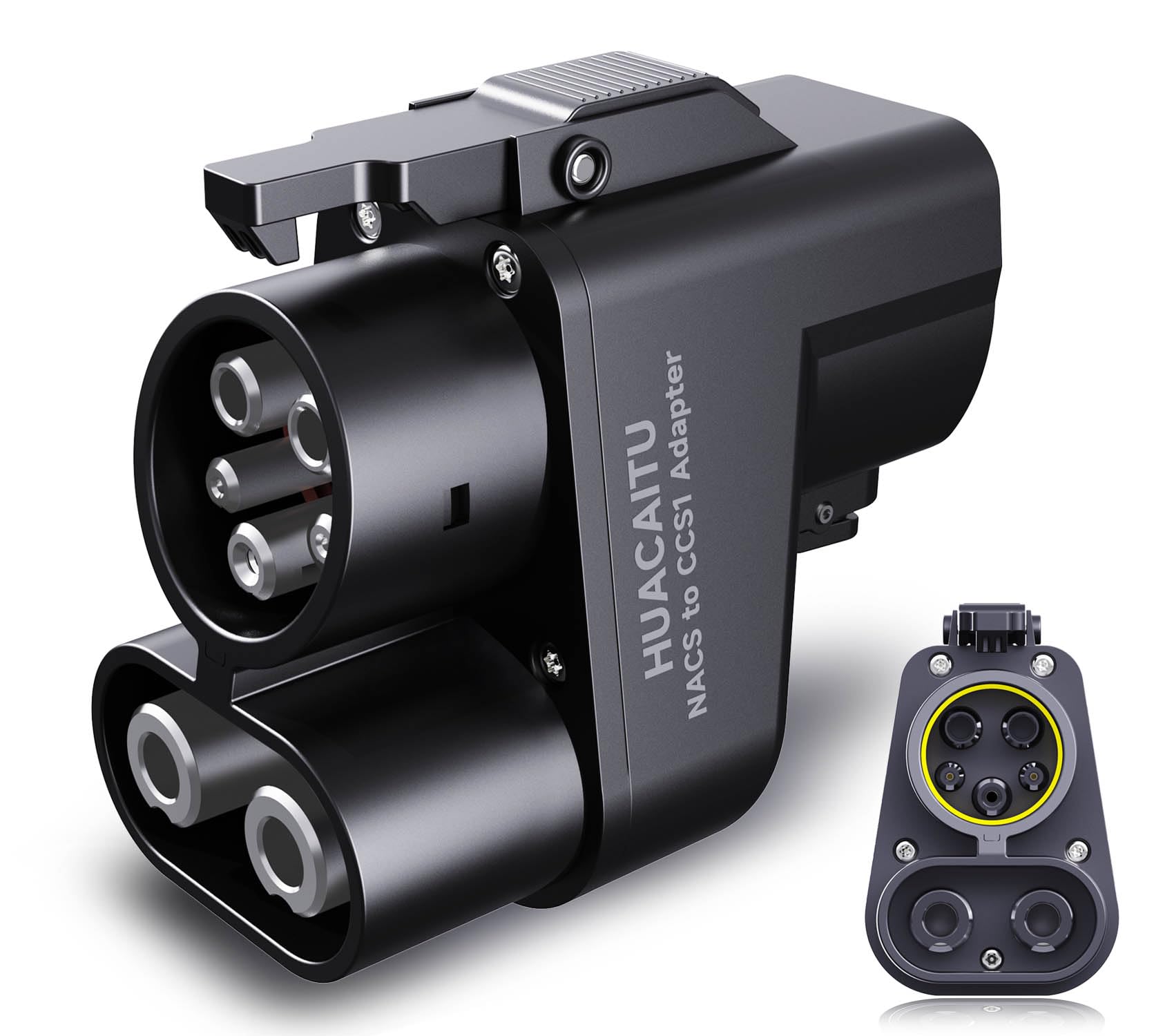 HUACAITU Tesla NACS to CCS adapter front view for compact on-the-go charging