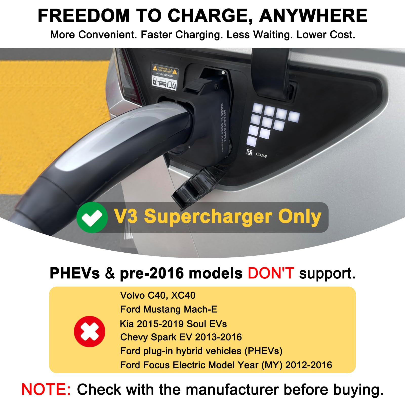 HUACAITU Tesla NACS to CCS adapter in-use at a Supercharger shows compatibility