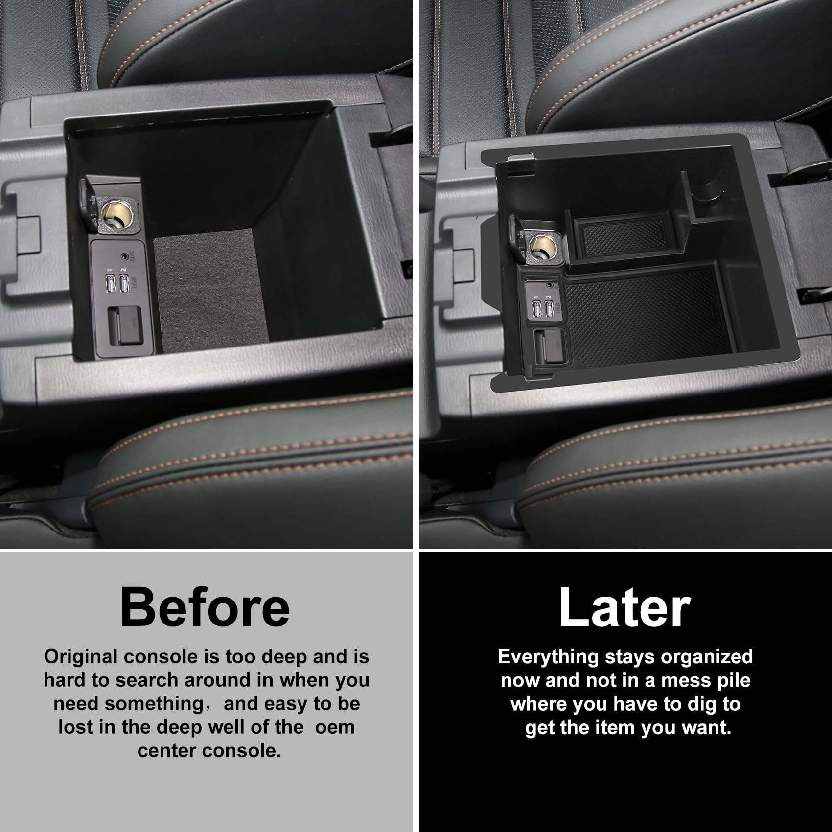 Hugeek center console organizer with anti-slip mat prevents items from shifting during drives.