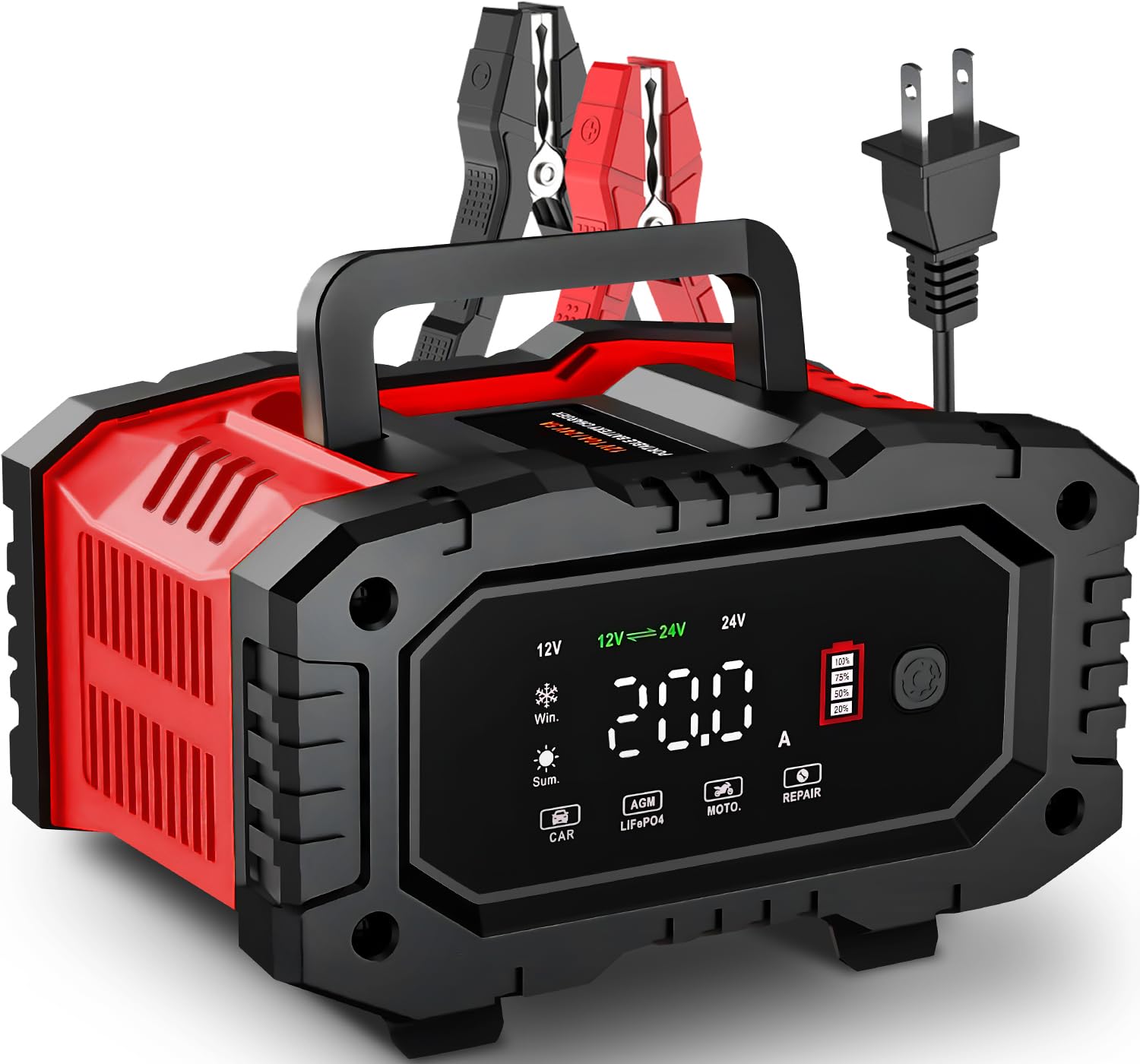 Huiaipaic 20A charger front view with large display and rugged clamps.