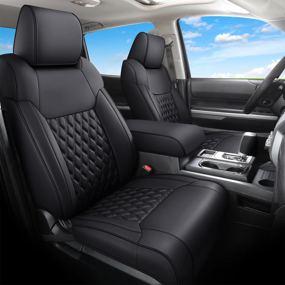 Huidasource Tacoma front seat covers shown in full coverage leather finish.