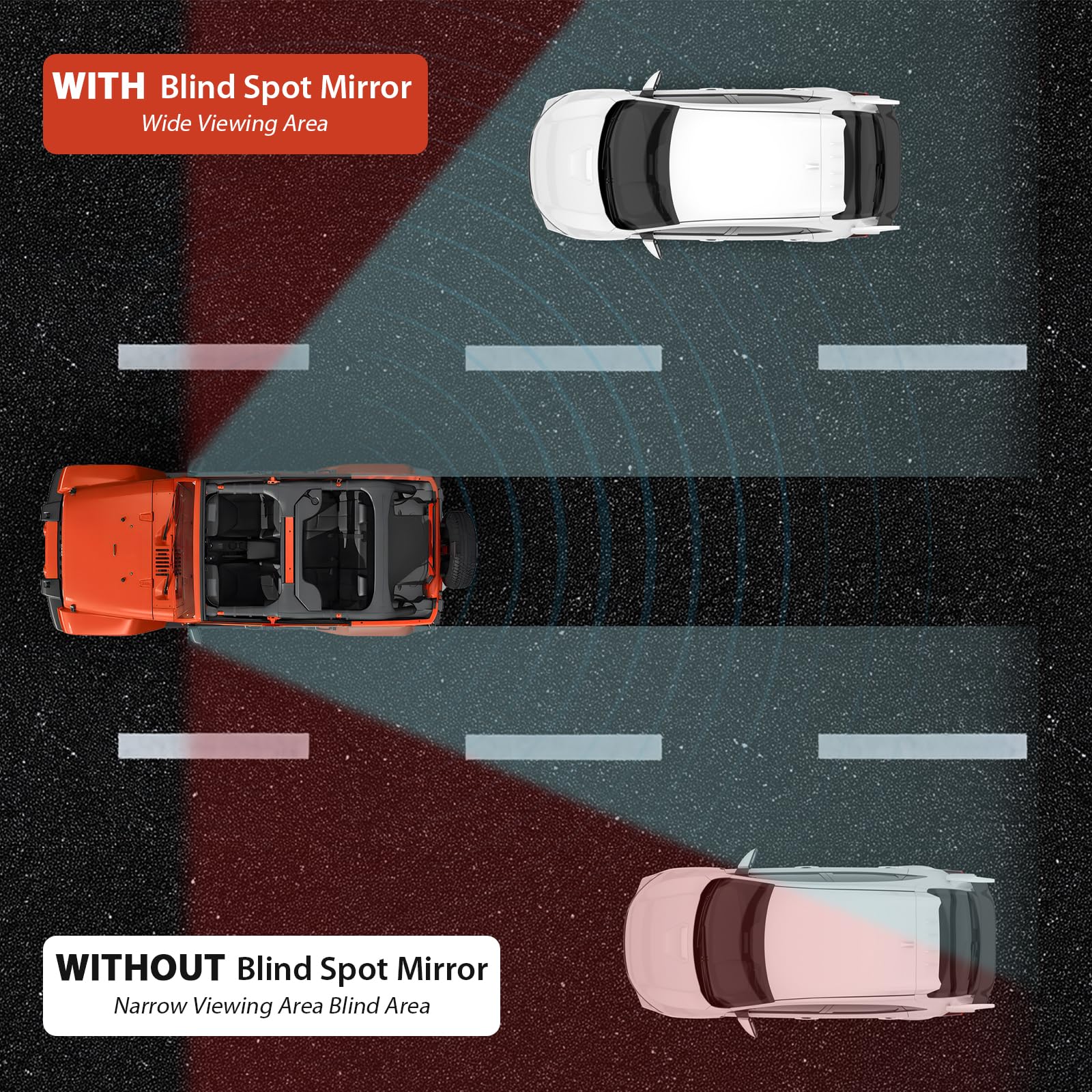 Huidnnas blind spot mirror installation for JL, tool-free setup with double-sided tape.