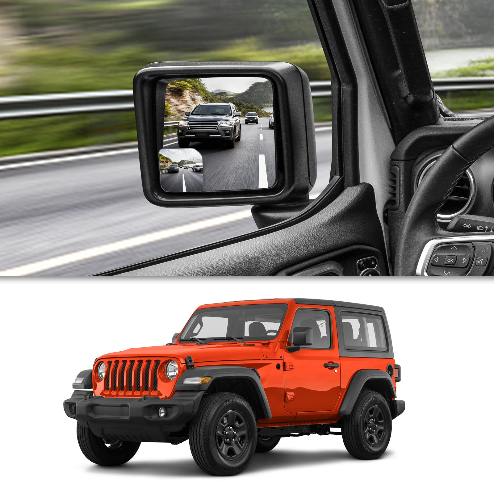 Huidnnas blind spot mirror for Jeep Wrangler JL left, expands side vision for safer lane changes.