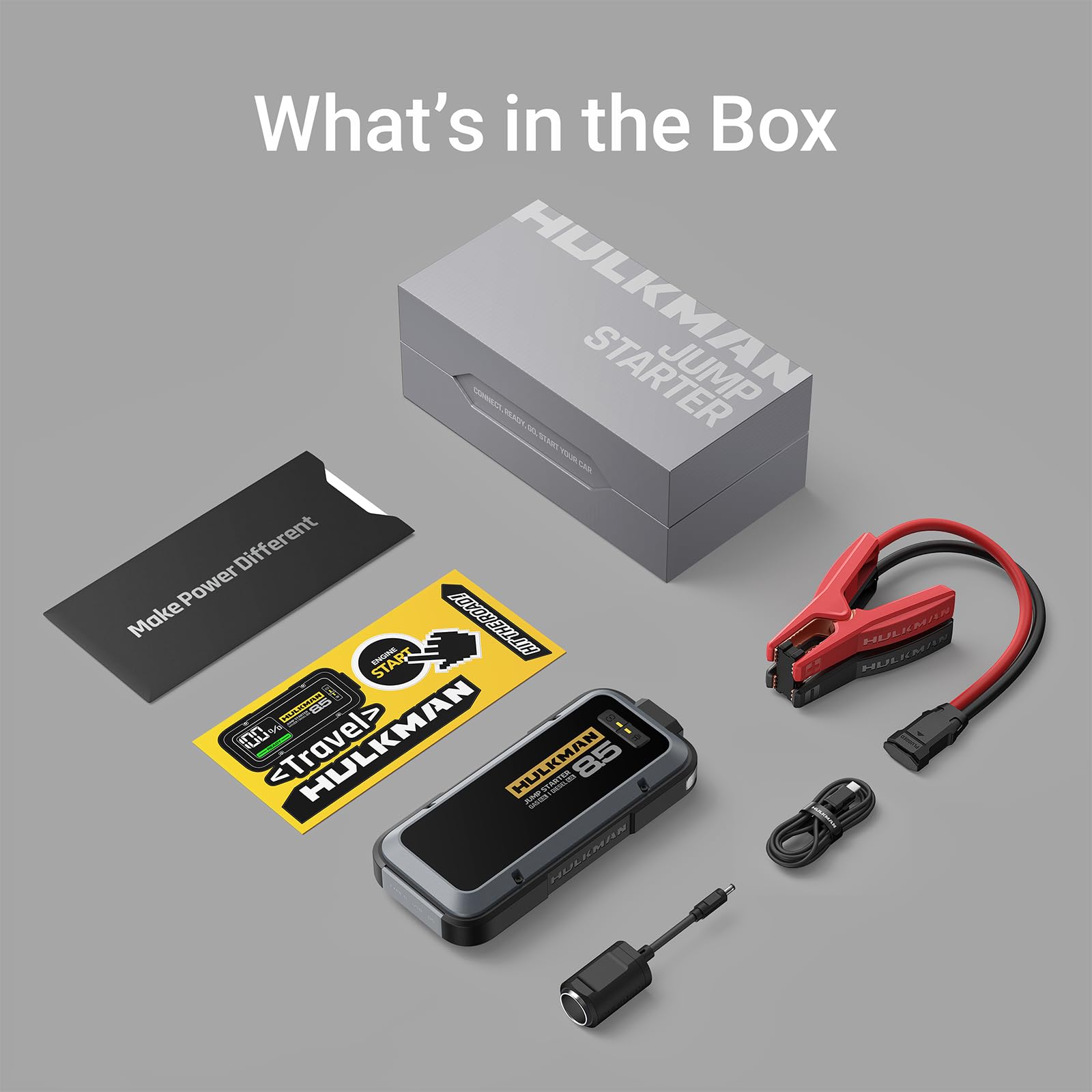 Hulkman Alpha85 box contents include clamps cables and manual.