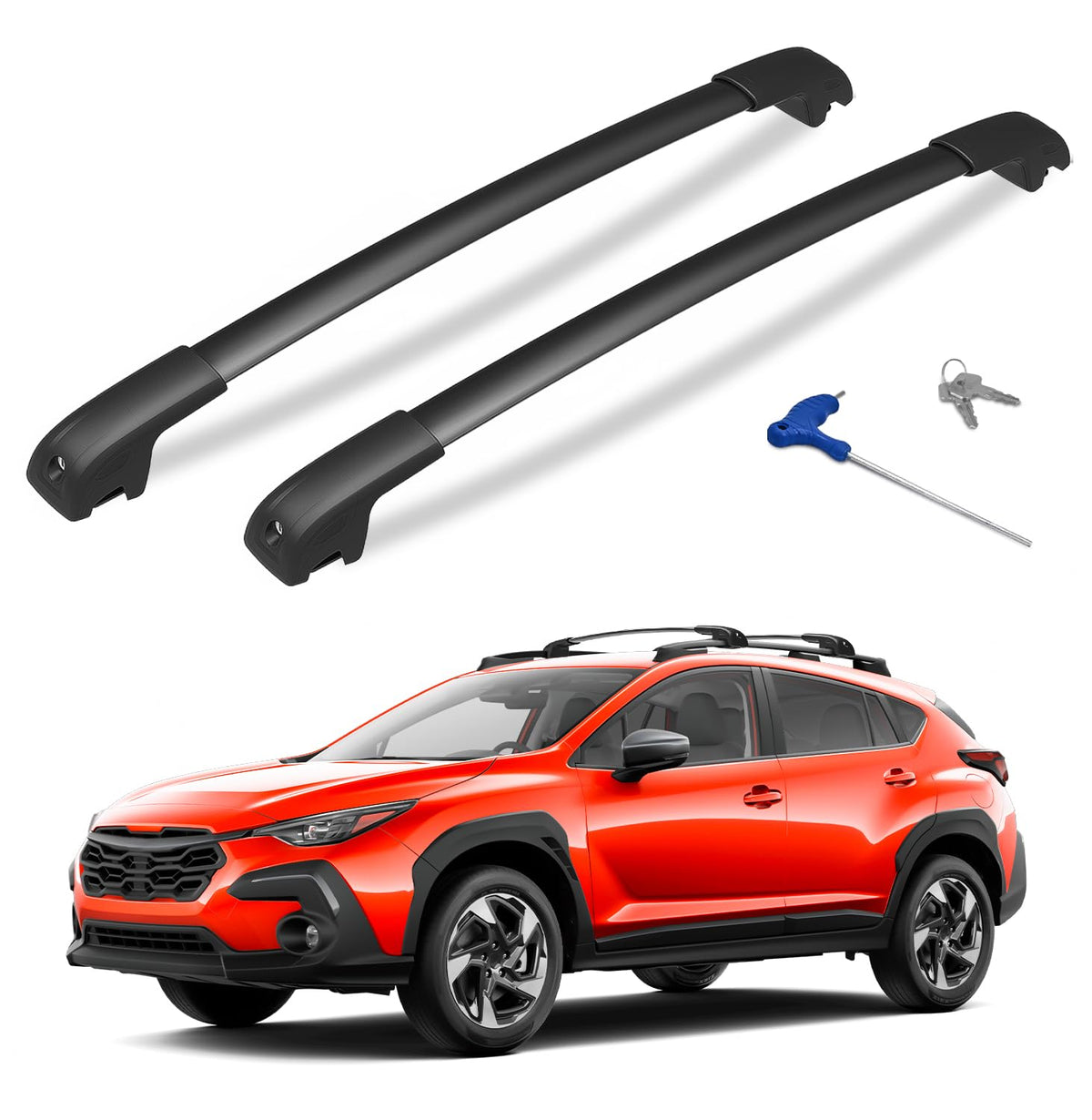 HmmtyRack 300lbs lockable crossbars on Subaru Crosstrek for secure rooftop storage.