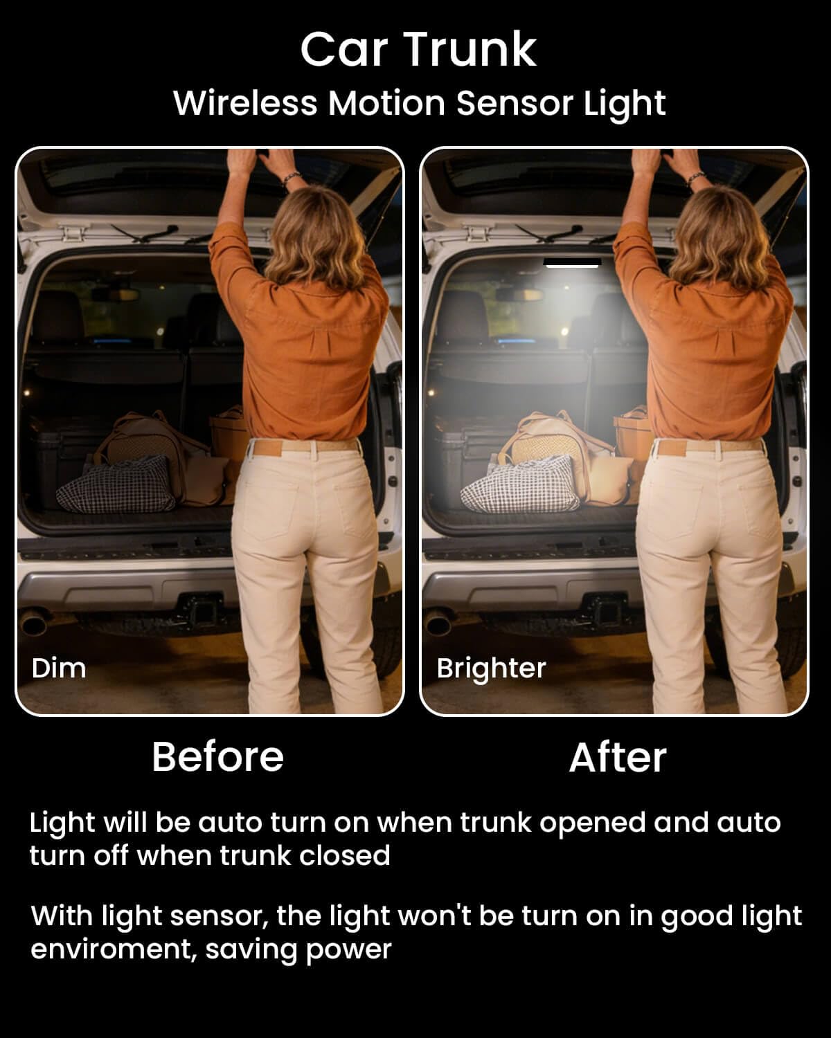 HUOYANGUANG car trunk light with motion sensor automatically activates.