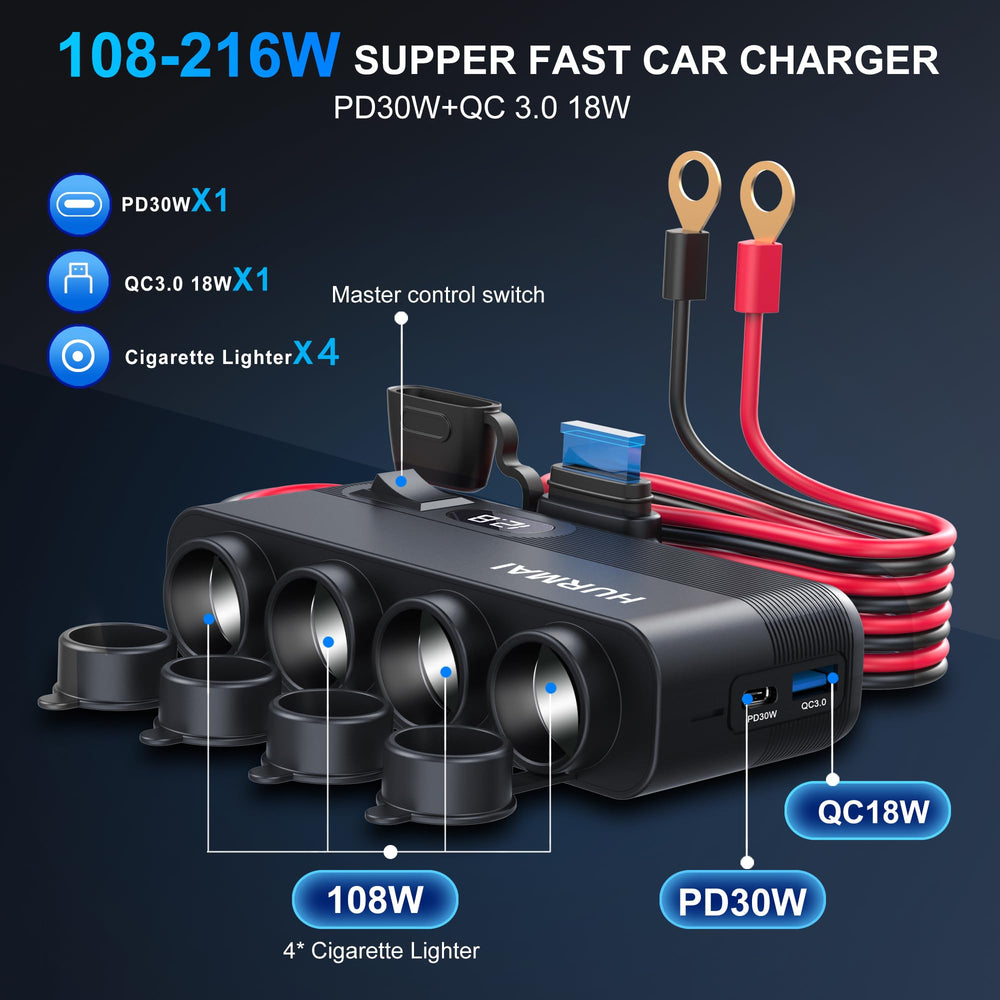 HURMAI 12V/24V socket splitter with dust covers to support multiple devices.