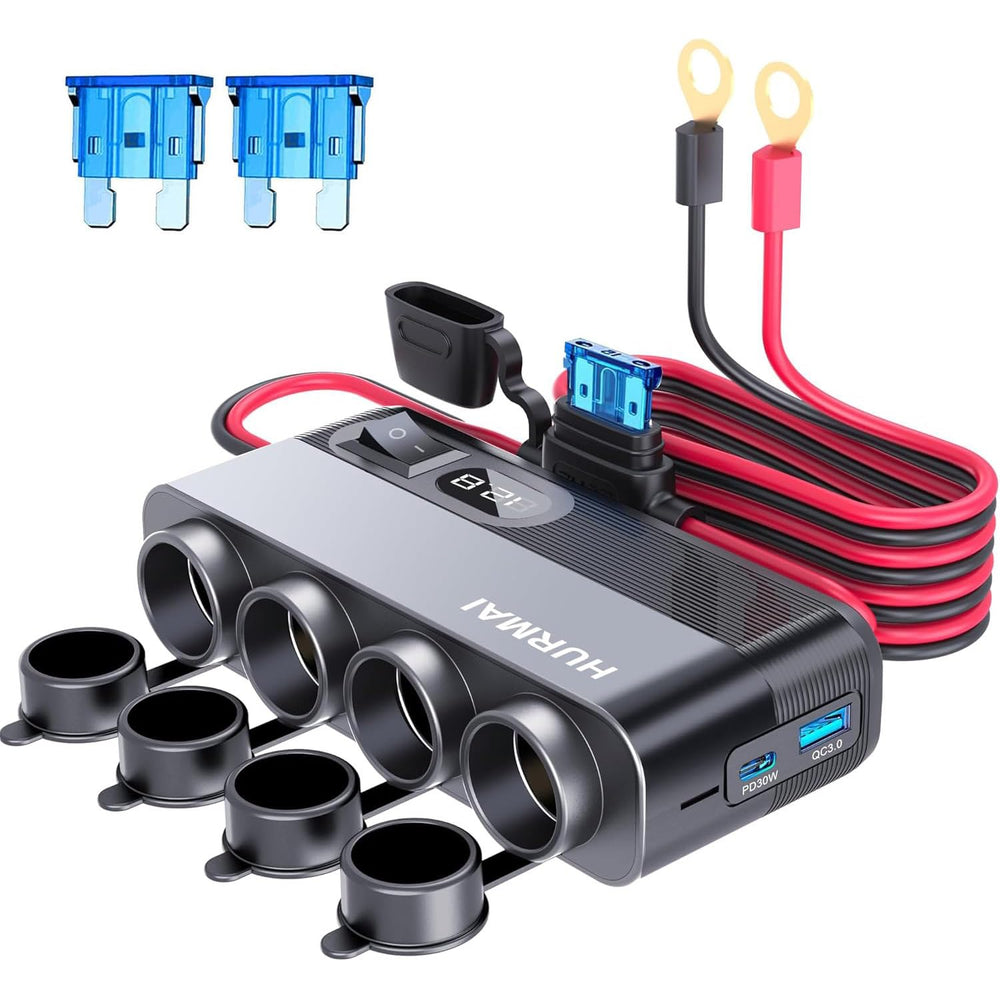 HURMAI 12V socket power outlet with a 10ft cable for easy in-car reach.
