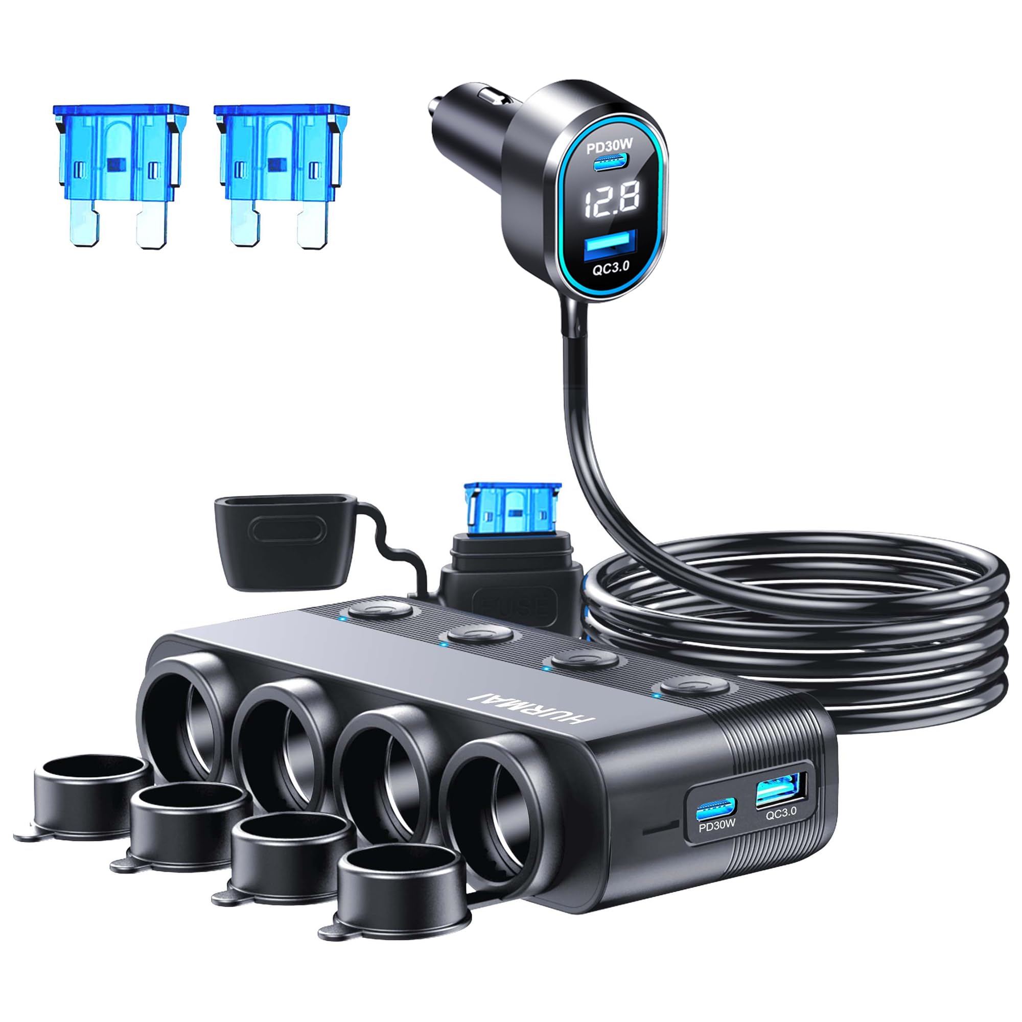 HURMAI 8 in 1 splitter front view showing compact multi‑outlet design for vehicle charging