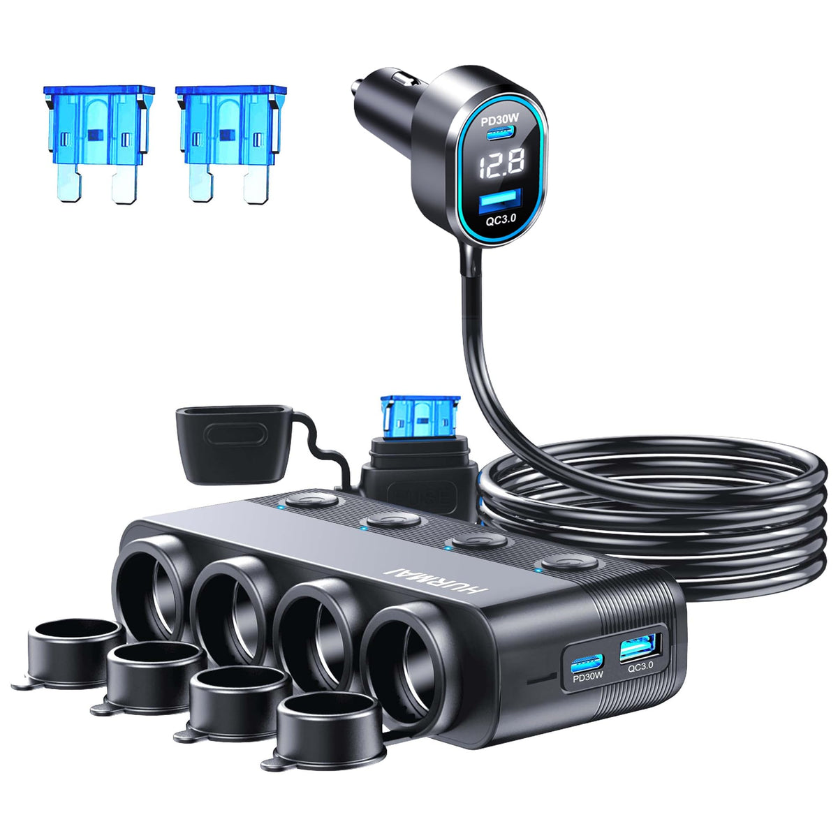 HURMAI 8 in 1 splitter front view showing compact multi‑outlet design for vehicle charging