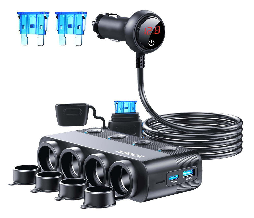 Hurmai cigarette splitter with four sockets and USB charger for versatile in-car power.