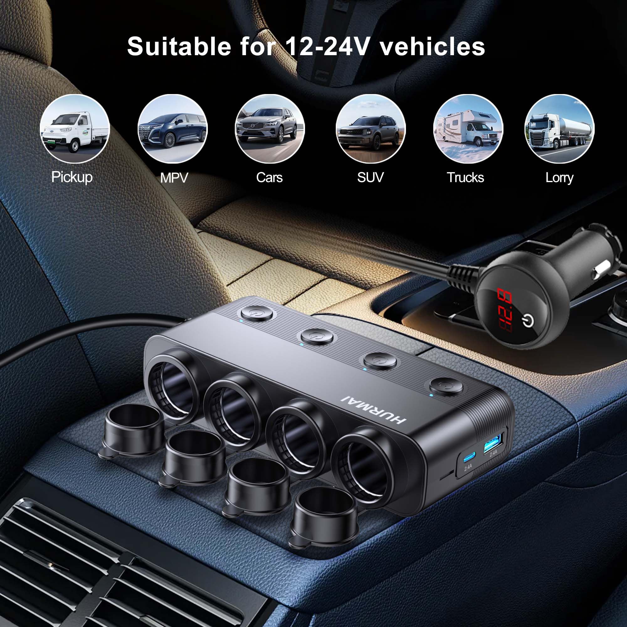 Hurmai heavy-duty splitter ideal for trucks powering GPS, dash cam, and mini fridge.