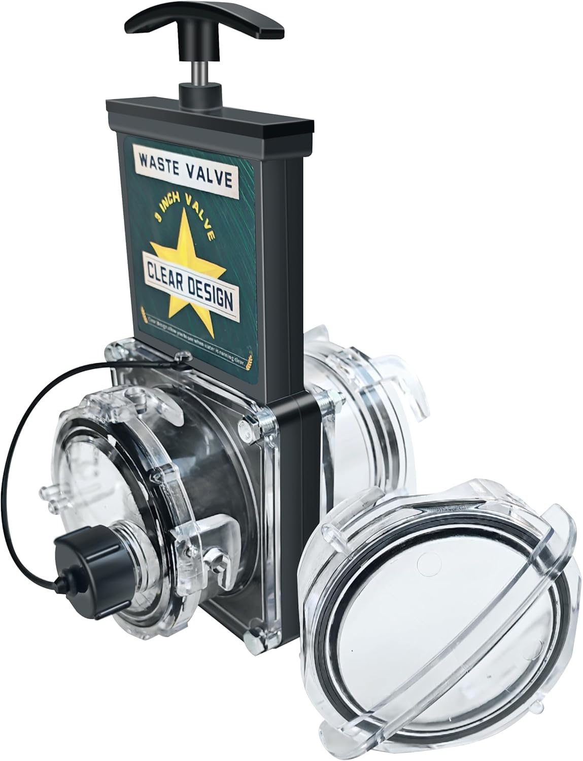 Hurrventer 3-inch waste valve front view highlighting the transparent gate for quick inspection.