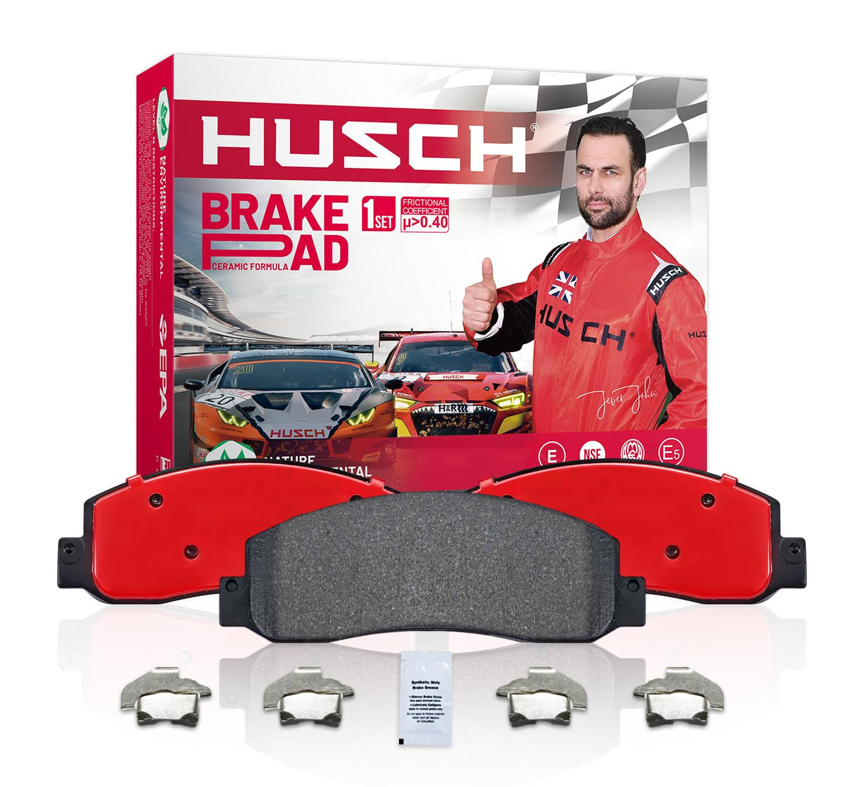 HUSCH D1212 rear ceramic brake pads closeup shows precision design for quiet braking
