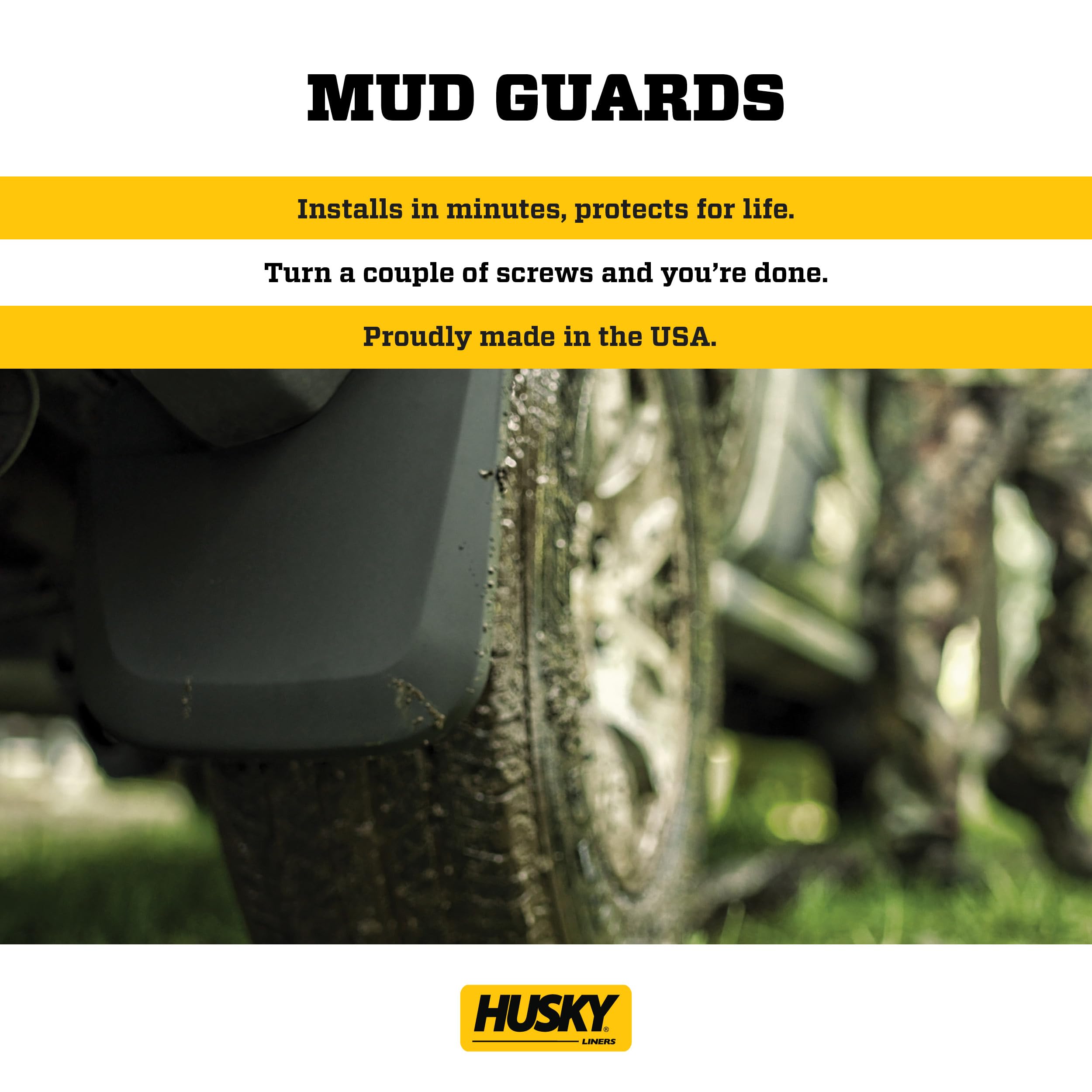 Side profile view of Husky Liners mud guard on Silverado 1500.