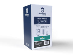 Husqvarna oil change kit box with 1.2L Motorex oil for maintenance.