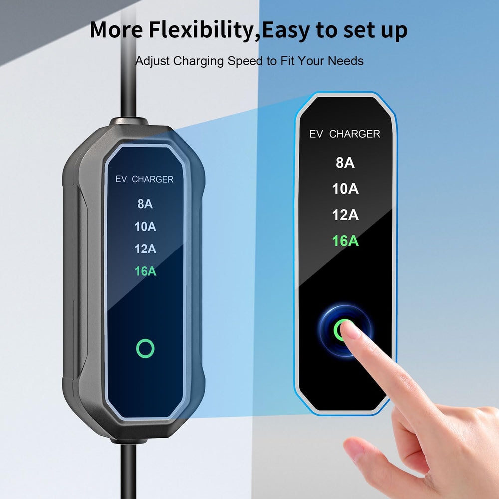 HUSTIAN Tesla Level 1/2 EV charger rolled cable view showing reach for garage setups.
