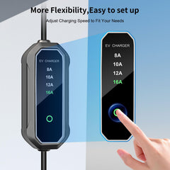 HUSTIAN Tesla Level 1/2 EV charger rolled cable view showing reach for garage setups.