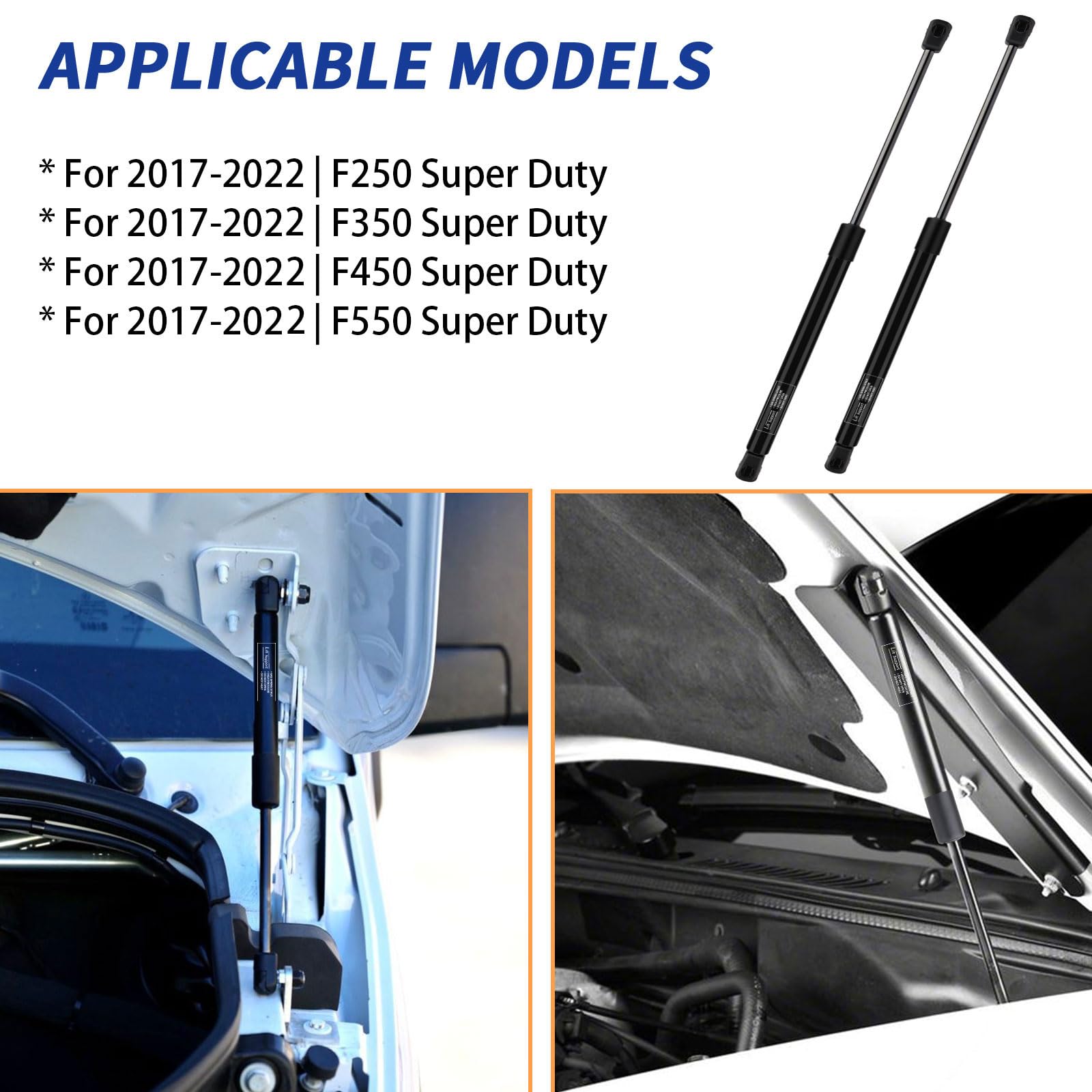 HXSKJMX hood struts installed on Ford Super Duty demonstrate quick tool-free replacement
