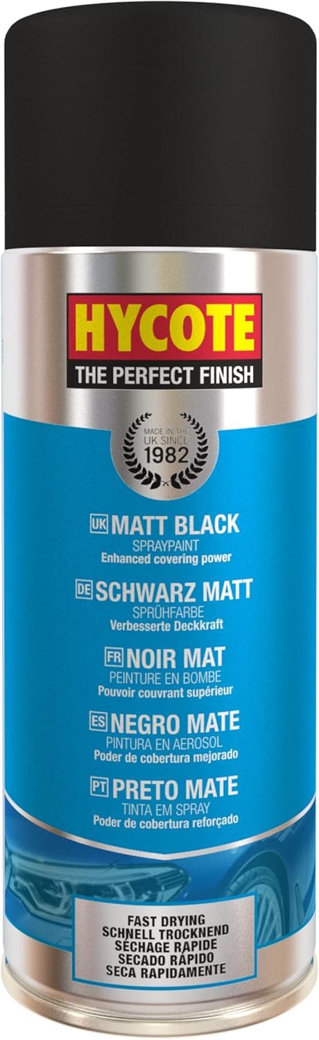 Hycote fast-drying matt black aerosol on metal for a smooth finish.