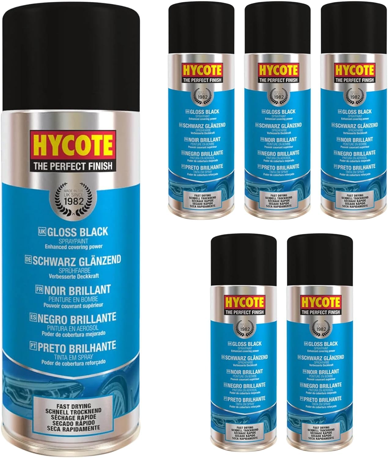 Hycote gloss black spray paint can with a high-shine finish for metal and plastics.