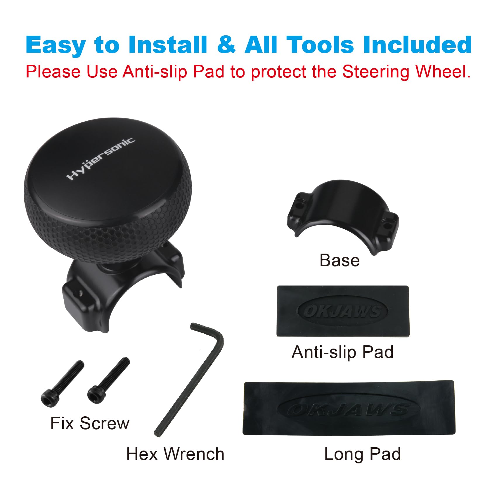 Hypersonic steering wheel knob safety features and comfortable design for long drives.