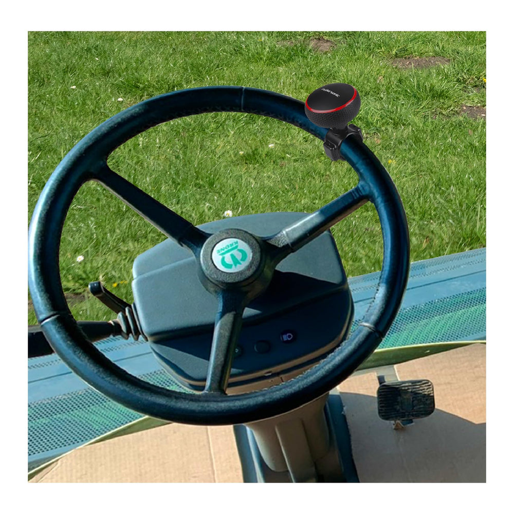 Hypersonic steering wheel spinner side view shows sturdy mount and control.