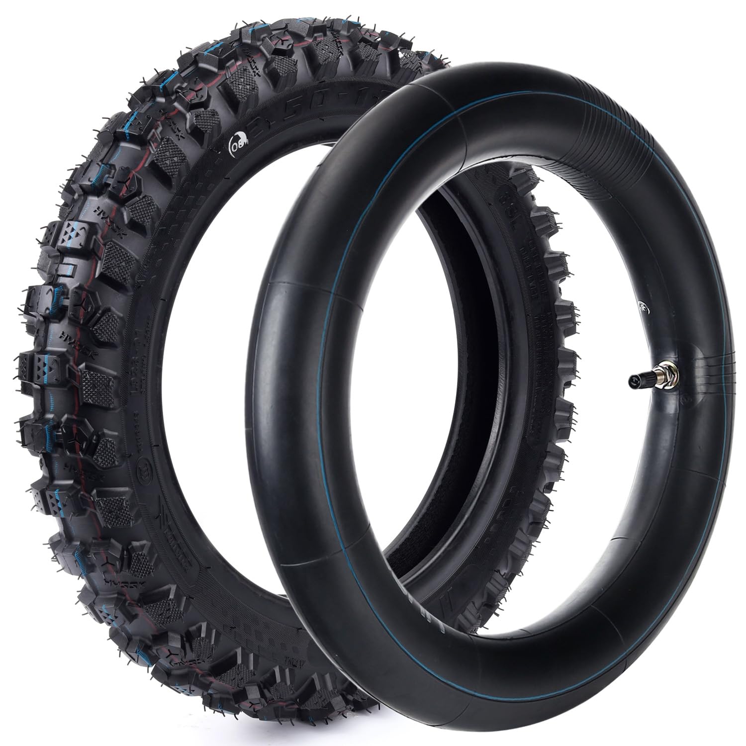 Hyssk 2.50-10 front tire with deep tread for off-road grip.