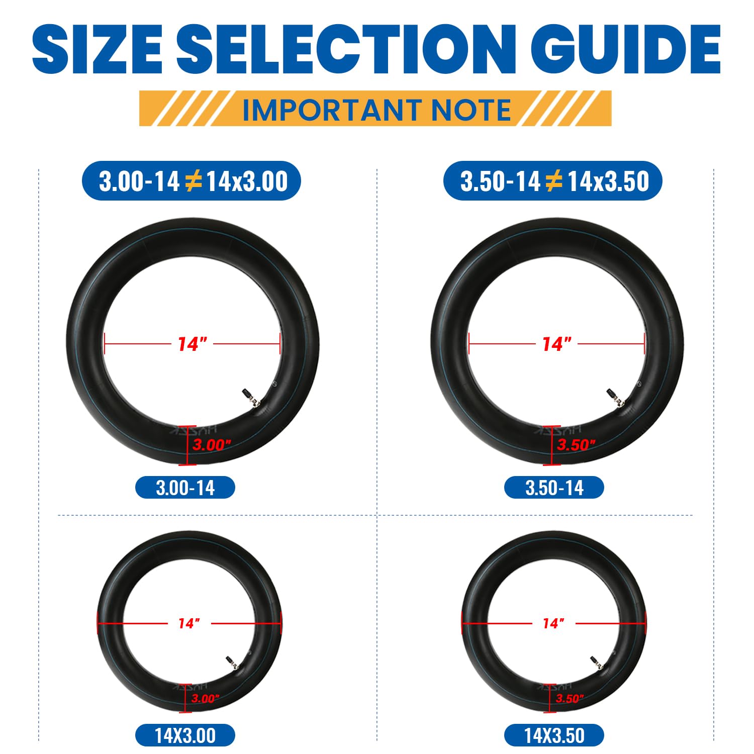 Hyssk TR4 stem inner-tube for 3.00/3.50-14, compatible with rear dirt tires.