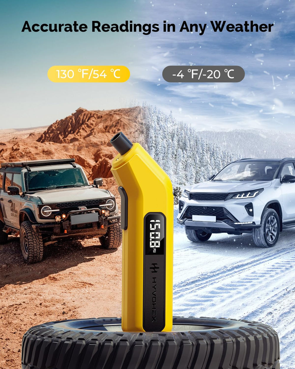 HYVOHEX measuring car tire pressure on roadside for fast reliable checks