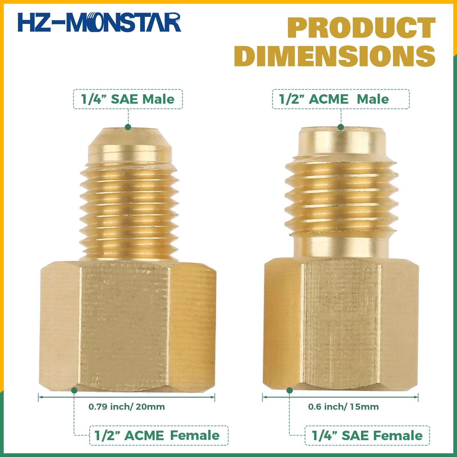 HZ-MONSTAR mini split adapter kit image showing 5/16 SAE male to 1/4 SAE female connection for quick setups.