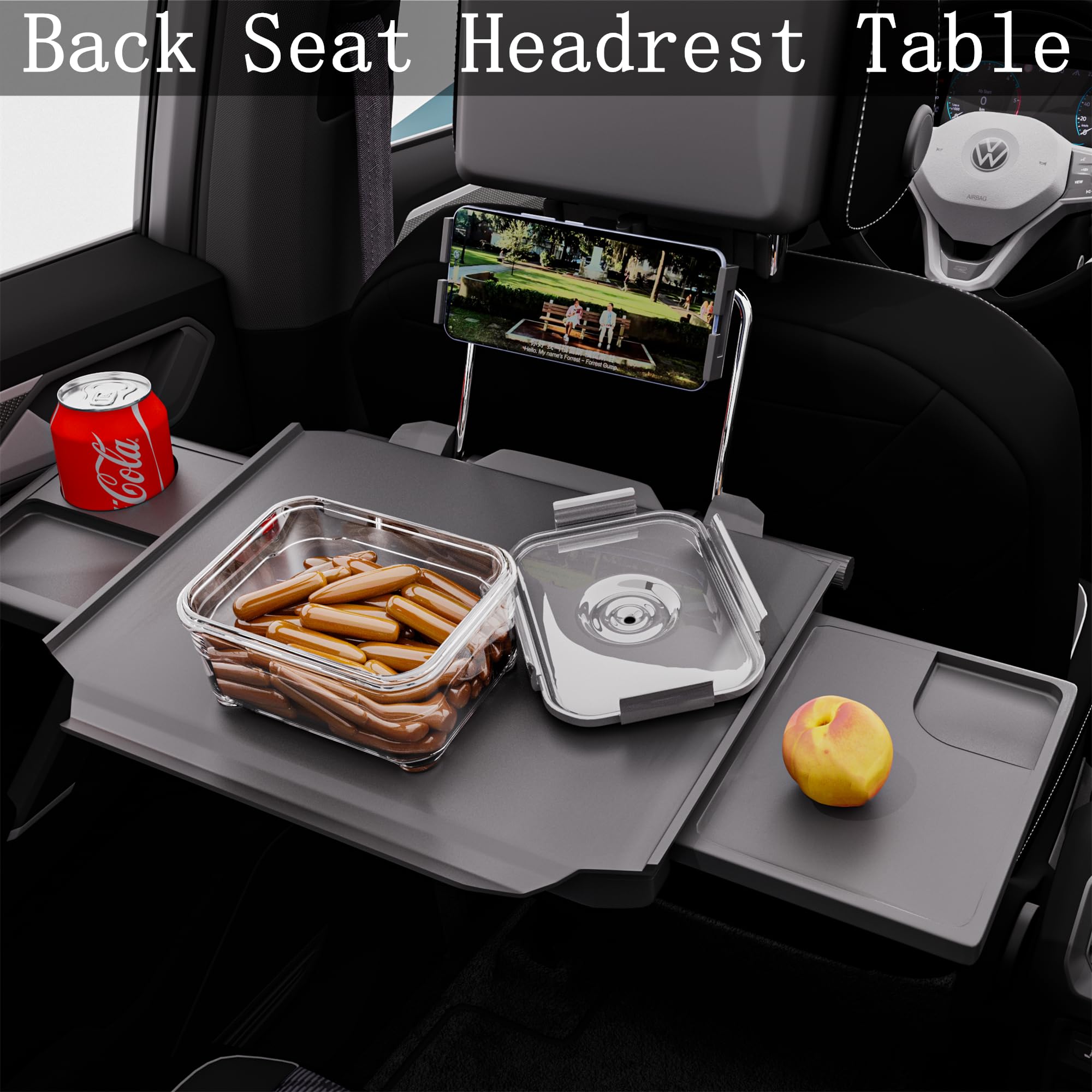 HZGAMER back-seat table with phone holder keeps devices within reach.