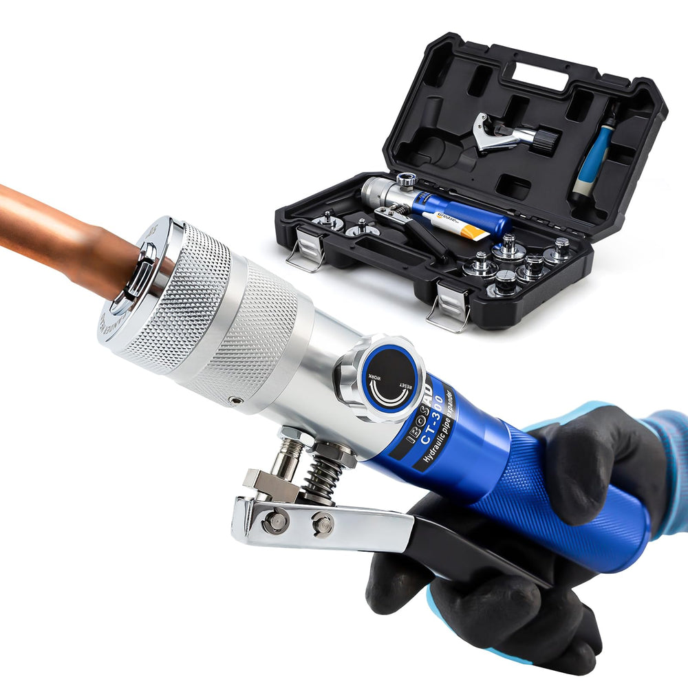 IBOSAD HVAC swaging tool kit in use on copper pipe for air conditioning installations.