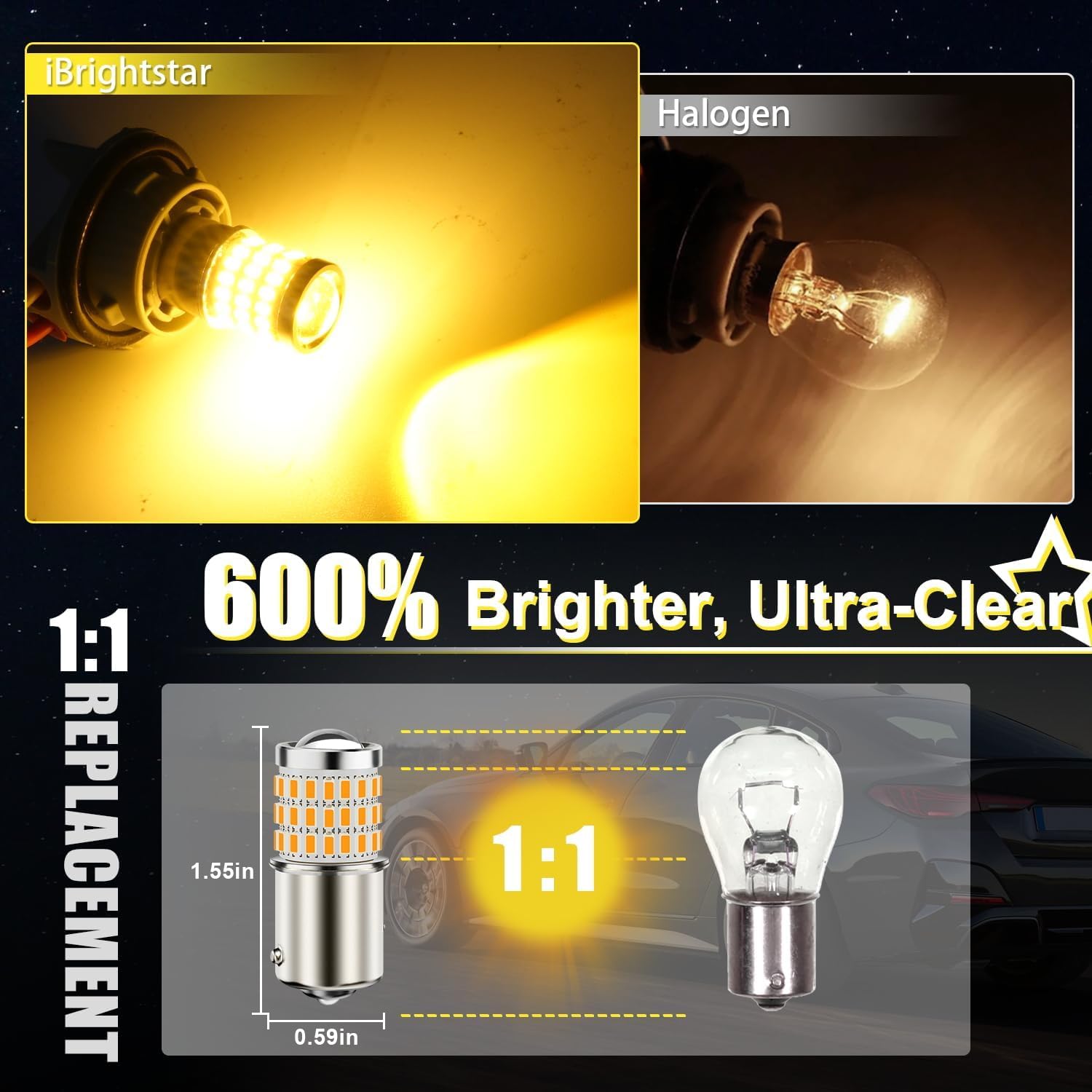 iBrightstar amber LED bulb BA15S base closeup showing easy plug-and-play fit