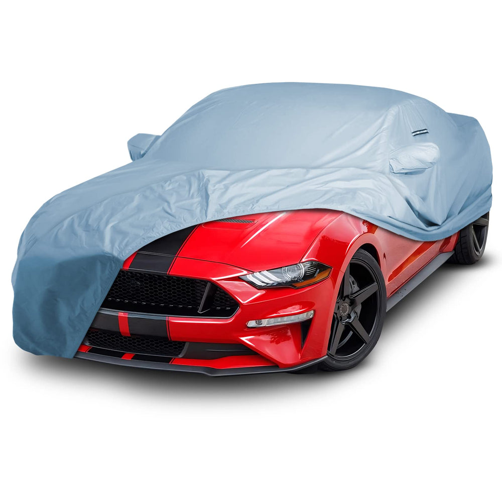 iCarCover Mustang front view shows a snug fit protecting paint from weather.