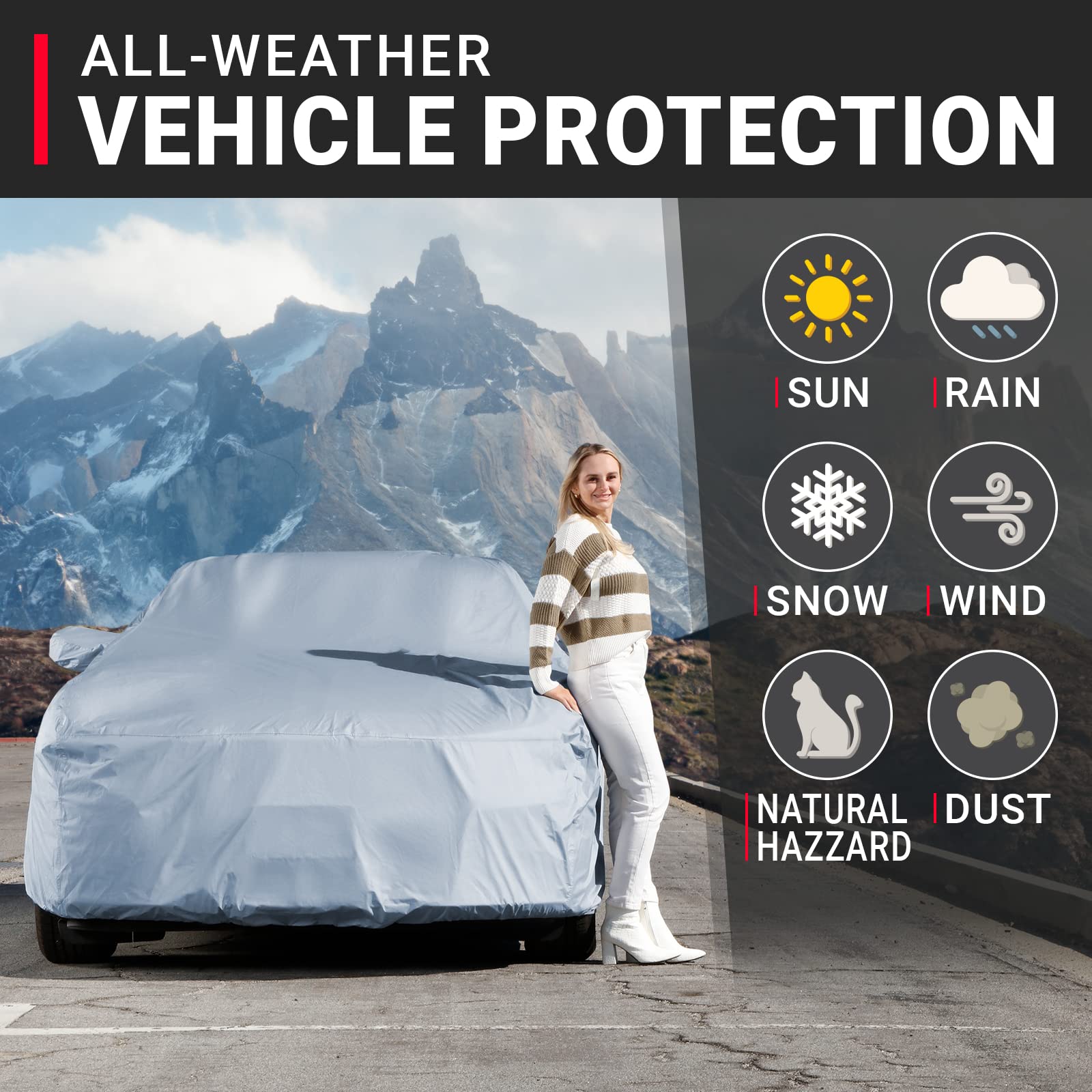 iCarCover Mustang rear view highlights full exterior coverage and weather resistance.