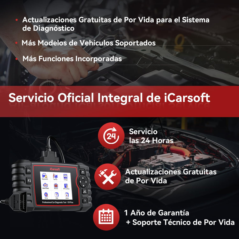 iCarsoft CR PLUS maintenance services screen highlights Oil Reset and EPB options.