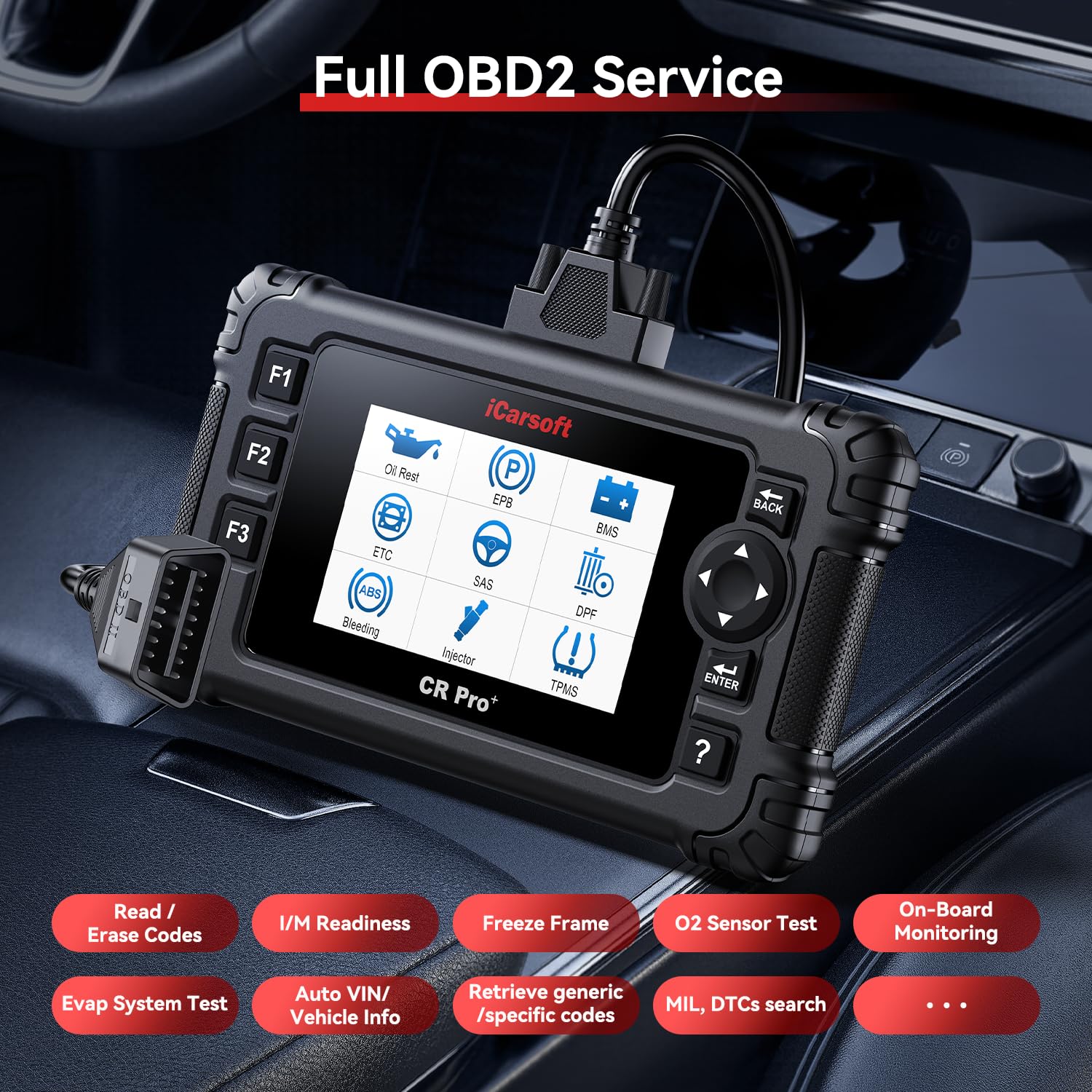 CR Pro+ screen listing 49 resets and 46 maintenance services