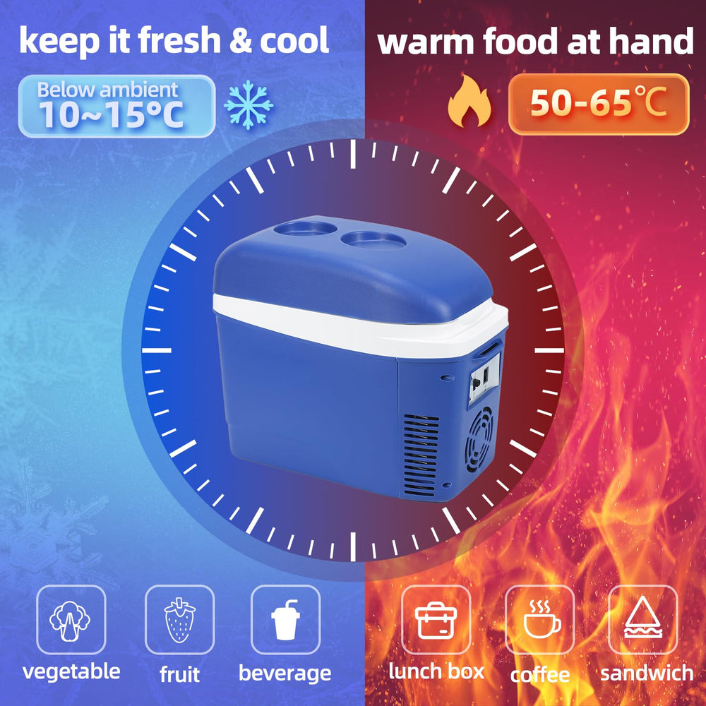 Iceblue mini fridge, 12V car adapter, seamless car-ready cooling on trips.